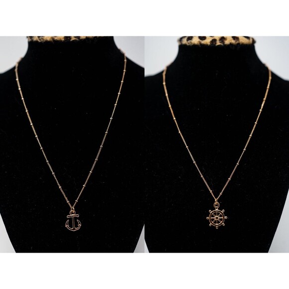 2 necklaces Gold tone chain necklace nautical anchor and ships wheel 16-18" adj - Picture 1 of 8
